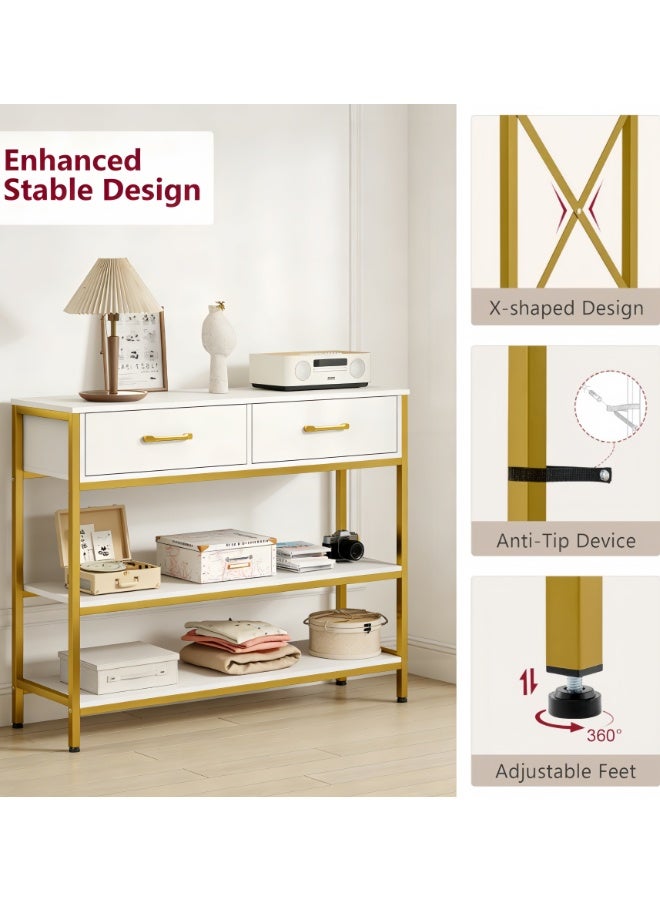 Entryway Table, Console Table with 2 Drawers, Sofa Table Narrow Long with Storage Shelves for Living Room, Couch, Hallway, Foyer, White and Golden (BJ100) - Image 5
